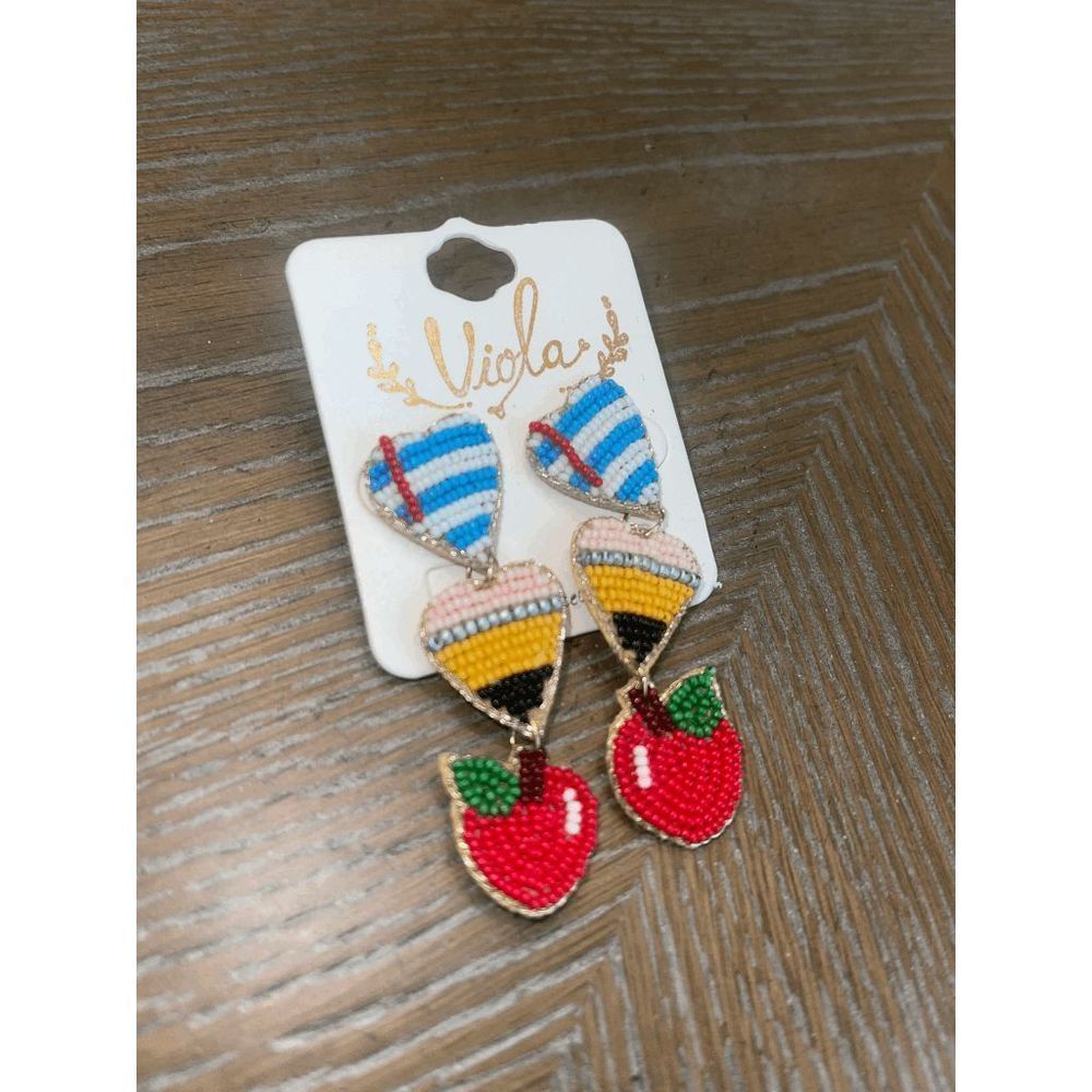 Teacher Apple Paper and Pencil Seed Bead Earrings